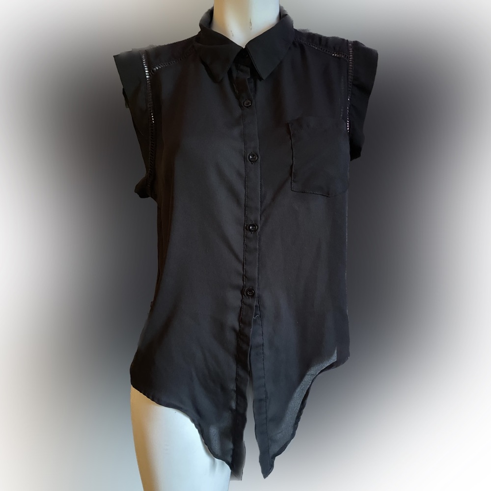 Ladies black button down tie up short sleeves sheer chiffon blouse